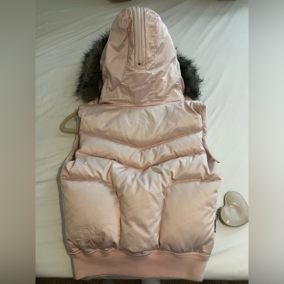 Talula duck down/feather puffer vest, pink, size S, grey fur hood, soft plushy - Picture 4 of 8